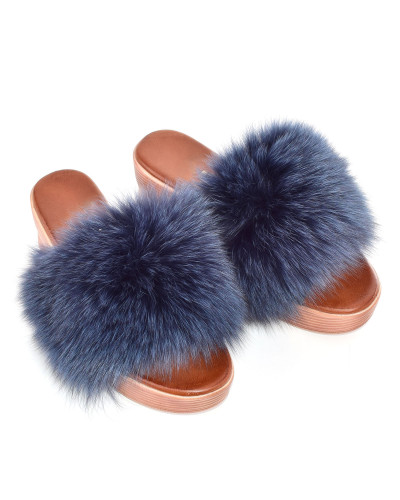 Women's wedge slippers with navy blue fox fur