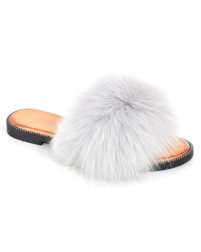 Women's leather slippers with gray fox fur