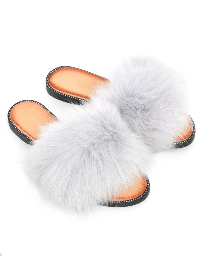 Women's leather slippers with gray fox fur