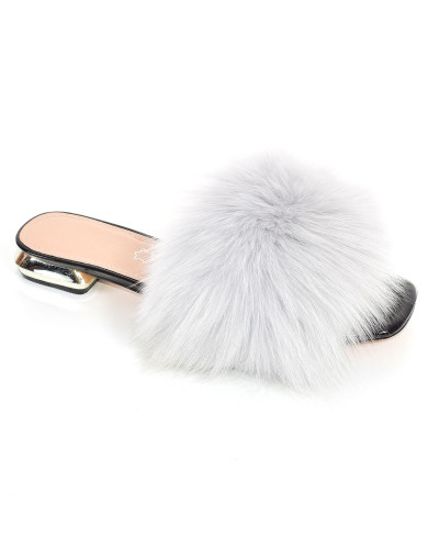 Women's leather high-heeled slippers with gray fox fur