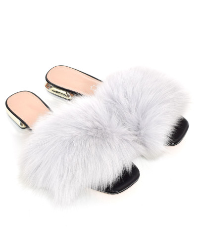 Women's leather high-heeled slippers with gray fox fur