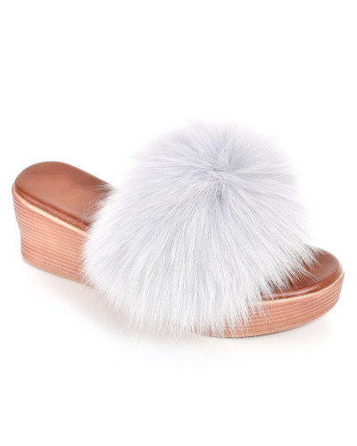 Women's wedge slippers with gray fox fur