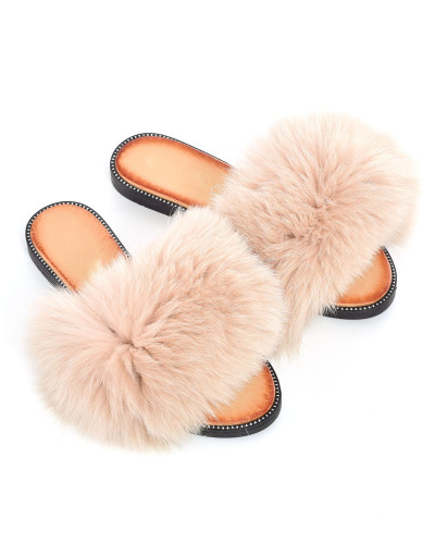 Women's leather slippers with beige fox fur
