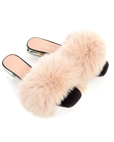 Women's leather high-heeled slippers with beige fox fur