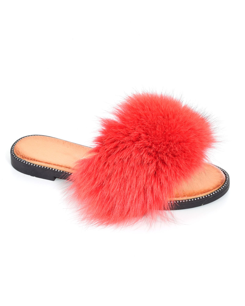 Women's leather slippers with red fox fur