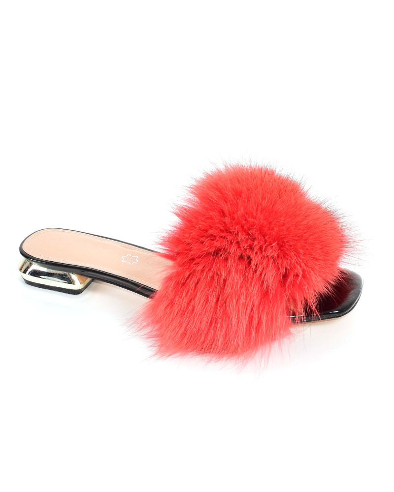 Women's leather high-heeled slippers with red fox fur