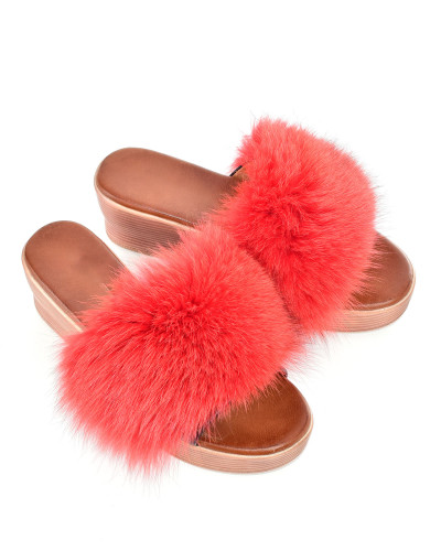 Women's wedge slides with red fox fur