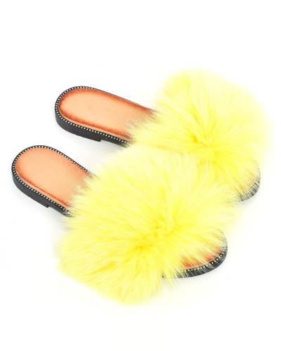 Women's leather slippers with yellow fox fur