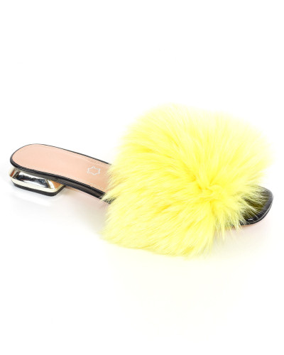 Women's leather high-heeled slippers with yellow fox fur