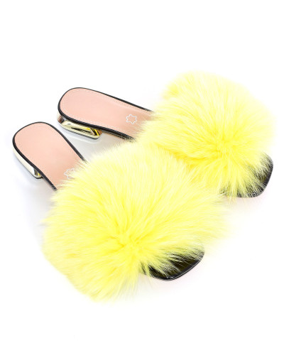 Women's leather high-heeled slippers with yellow fox fur