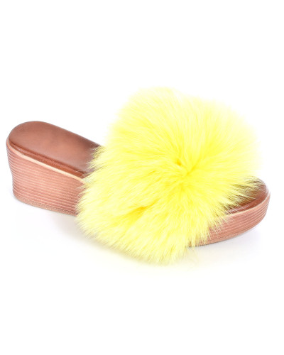 Women's wedge slides with yellow fox fur