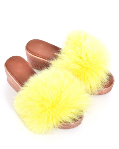Women's wedge slides with yellow fox fur