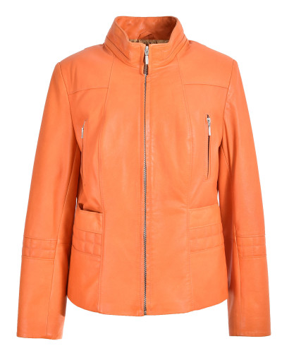 Women's orange leather jacket with a stand-up collar