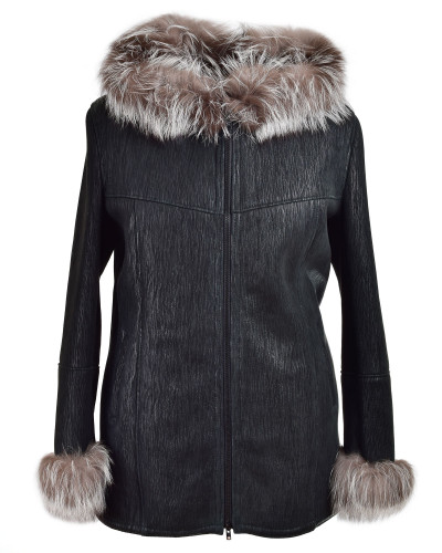 Black shearling sheepskin coat with hood