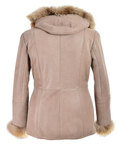 Beige shearling sheepskin coat with hood