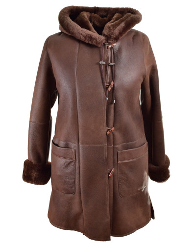 Brown Shearling sheepskin coat with hood