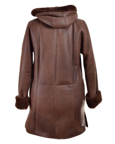 Brown Shearling sheepskin coat with hood