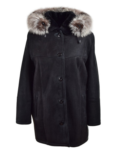 Black shearling sheepskin coat with hood