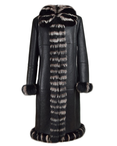 Black shearling sheepskin coat with fox fur