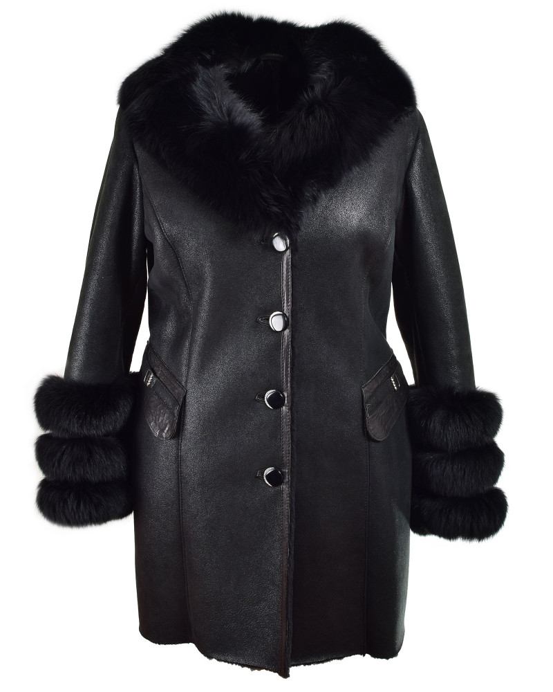 Black shearling sheepskin coat with fox fur