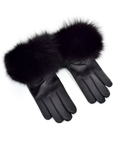 Women's leather gloves with black fox fur