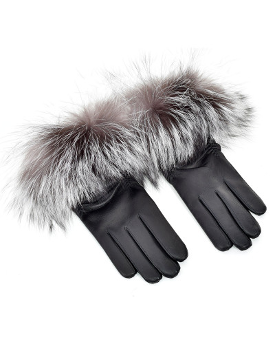 Women's leather gloves with silver fox fur