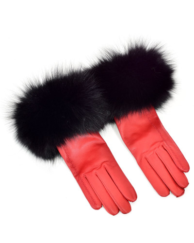 Women's red leather gloves with black fox fur