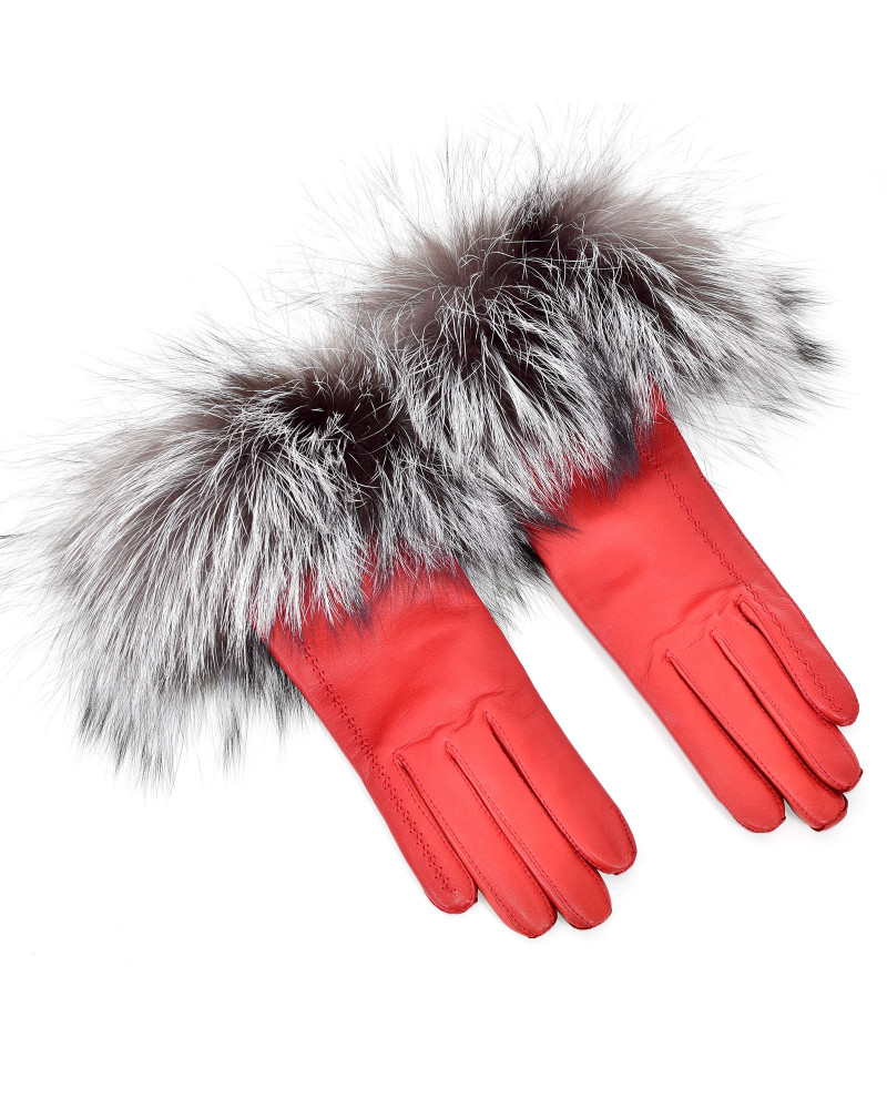 Women's red leather gloves with silver fox fur