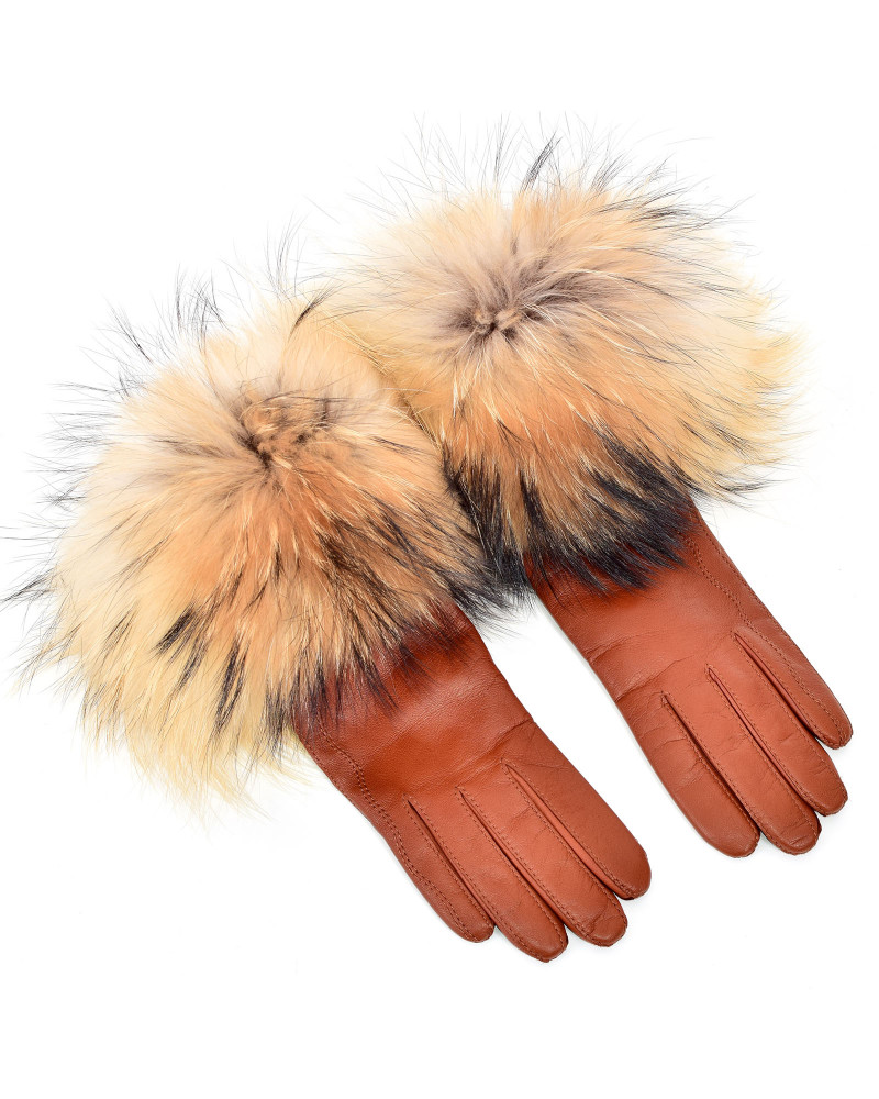 Women's red leather gloves with finn raccoon fur