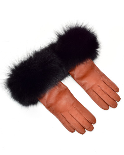 Women's red leather gloves with black fox fur