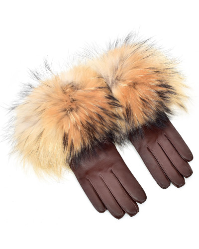 Women's brown leather gloves with finn raccoon fur