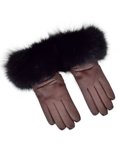 Women's brown leather gloves with black fox fur