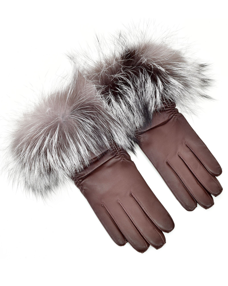 Women's brown leather gloves with silver fox fur