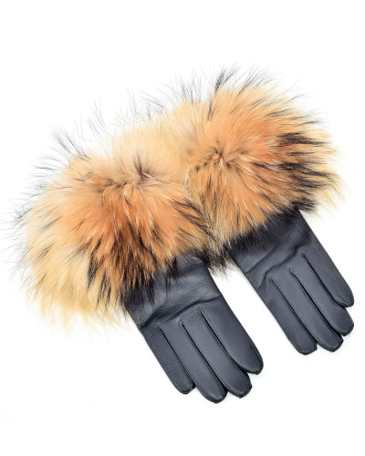 Women's graphite leather gloves with finn raccoon fur