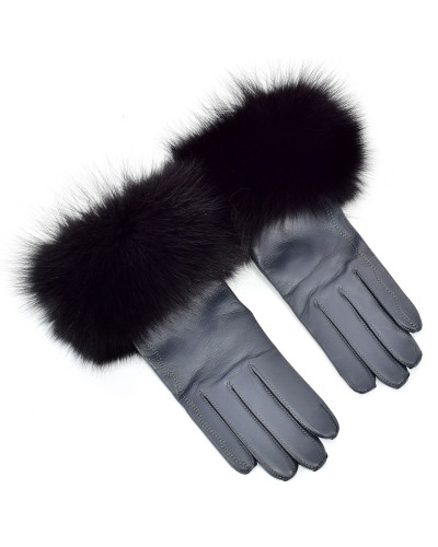 Women's graphite leather gloves with black fox fur