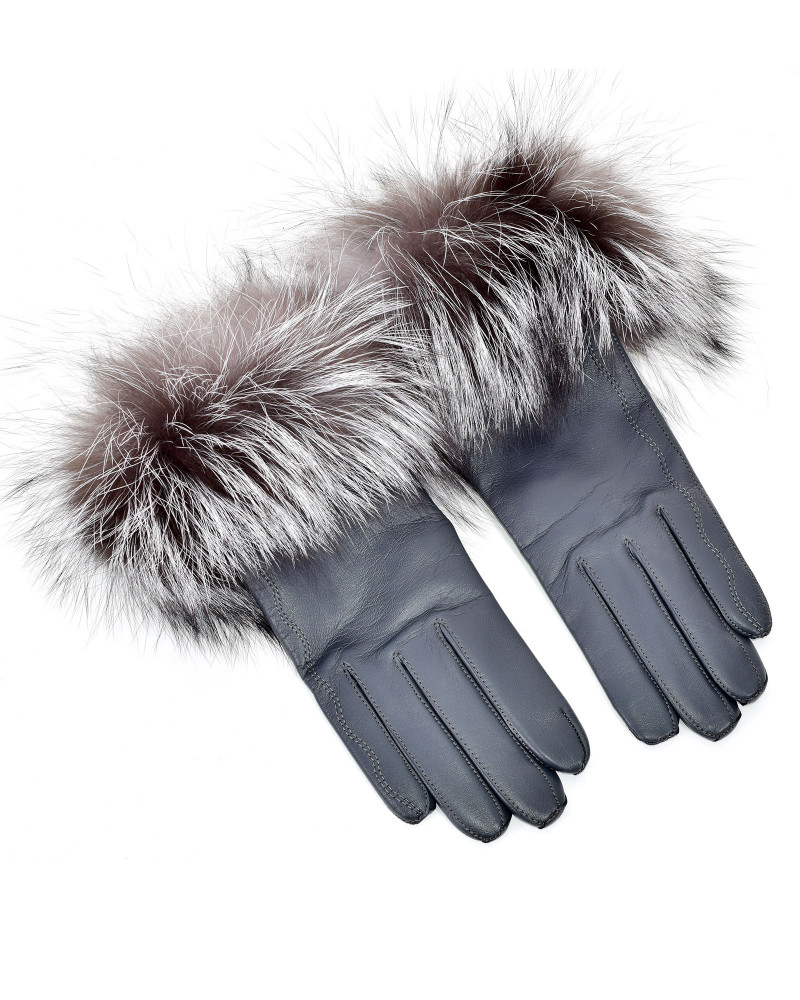 Women's graphite leather gloves with silver fox fur
