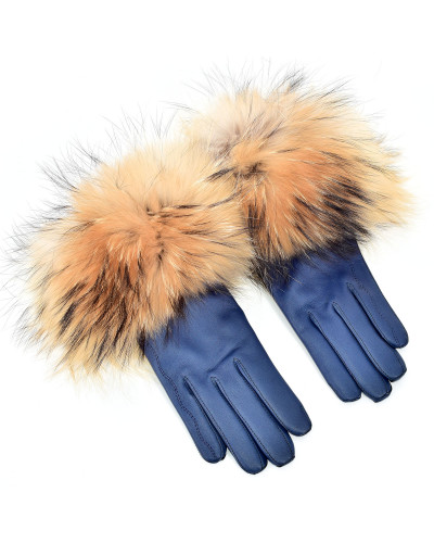 Women's blue leather gloves with finn raccoon fur