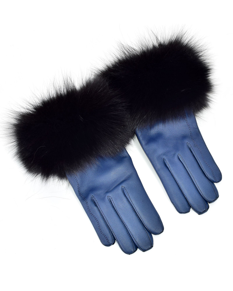 Women's blue leather gloves with black fox fur