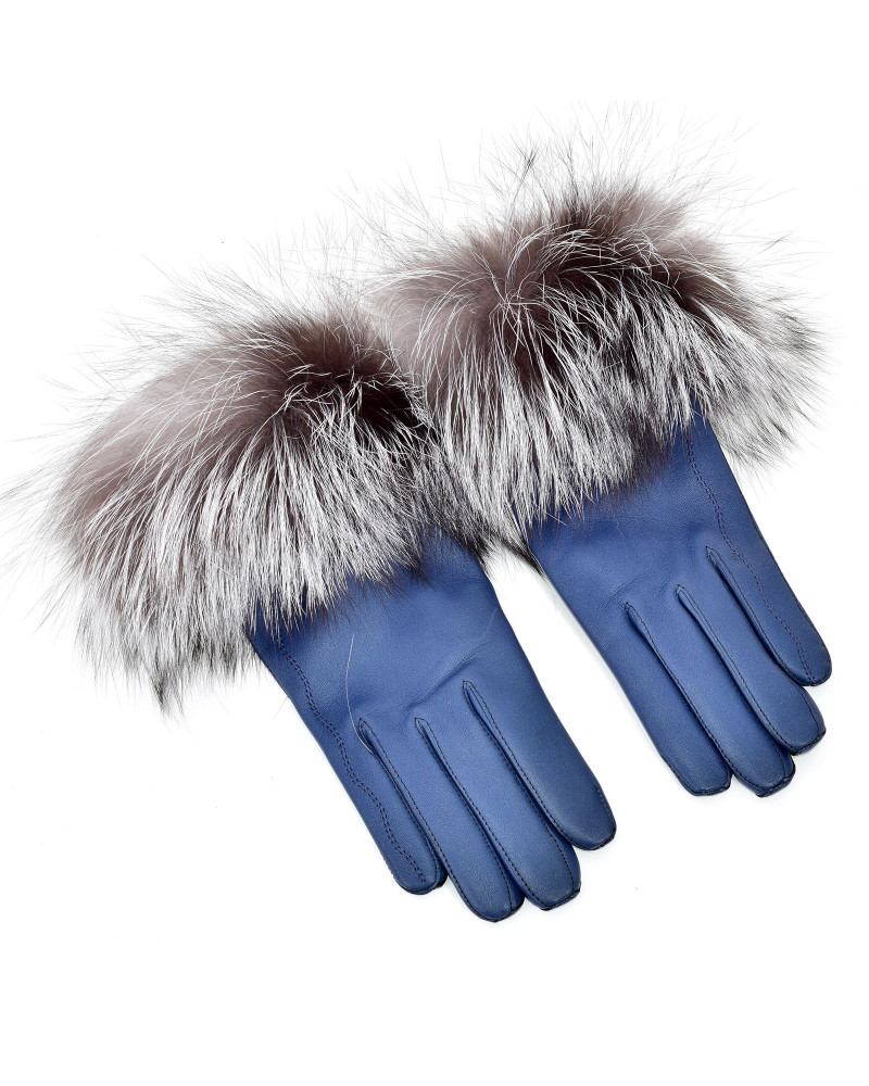 Women's blue leather gloves with black fox fur