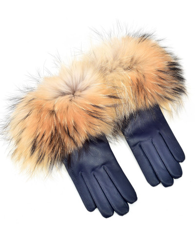 Women's navy leather gloves with finn raccoon fur