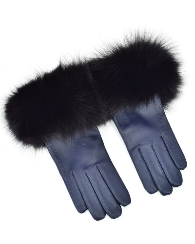 Women's navy leather gloves with black fox fur
