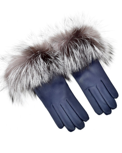 Women's navy leather gloves with silver fox fur