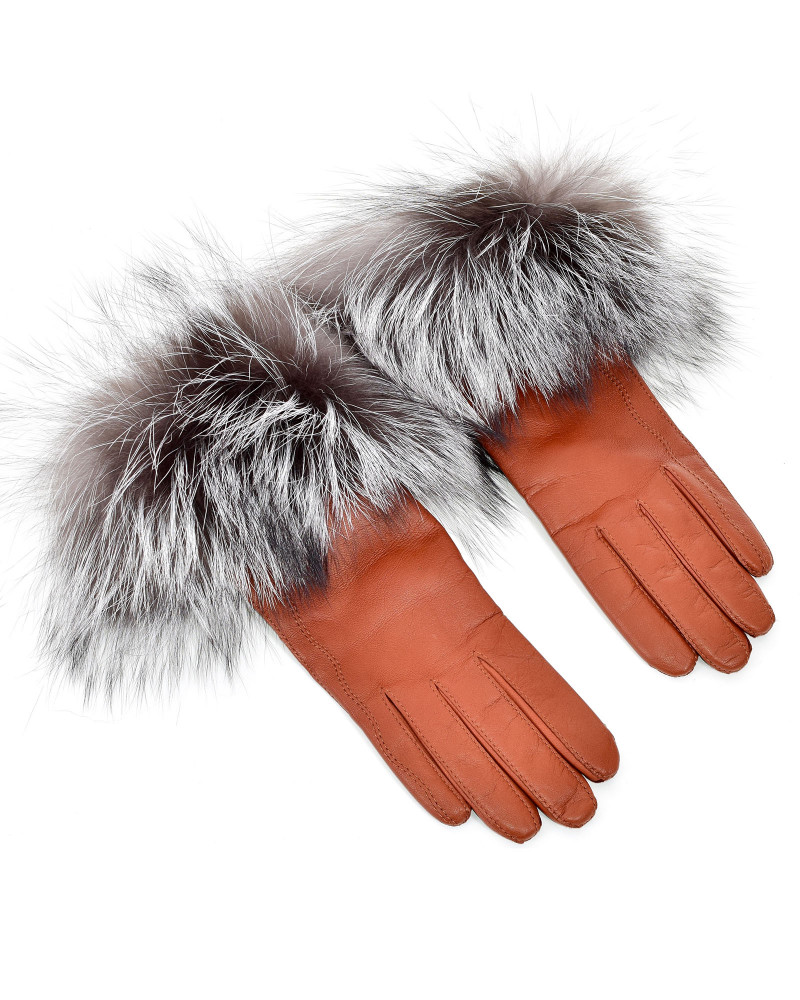 Women's red leather gloves with silver fox fur