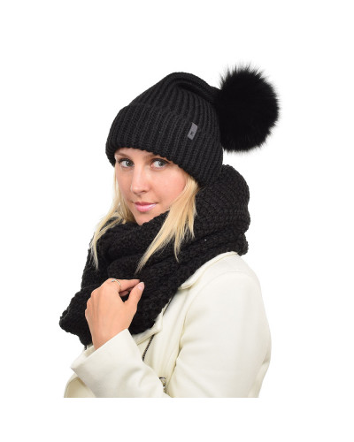 Women's Wool Hat with Black Fox Fur Pom Pom ROMA