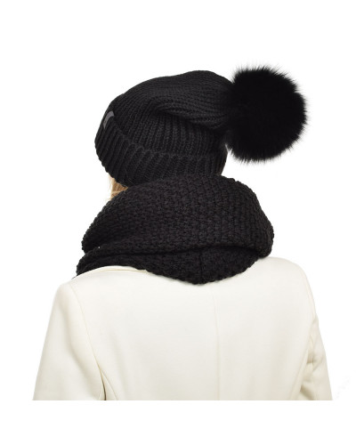 Women's Wool Hat with Black Fox Fur Pom Pom ROMA
