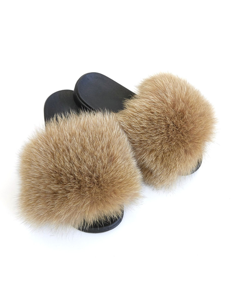 Women's Fur Slides, Sandals with Beige Fox Fur