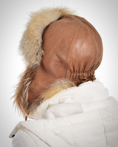 Genuine Gold Fox Fur Ushanka Hat with Leather Top