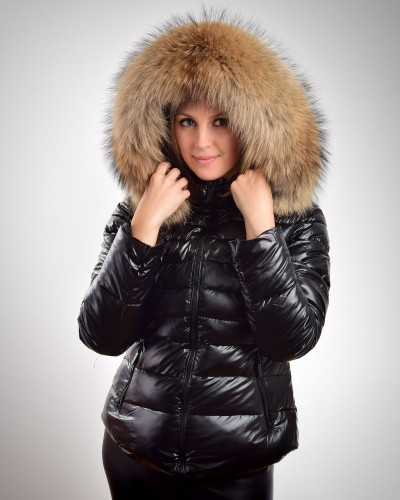 Women's short jacket with hood with raccoon fur, black