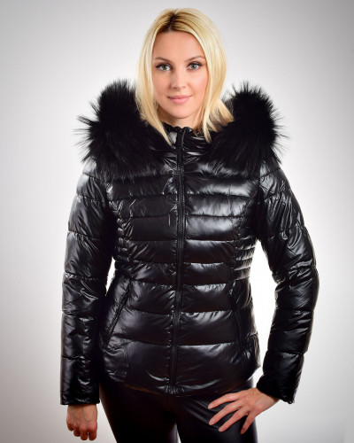 Women's short jacket with hood with raccoon fur, black