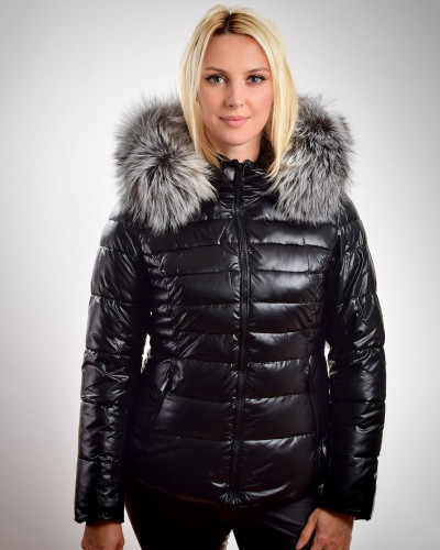 Women's short jacket with hood with fox fur, black